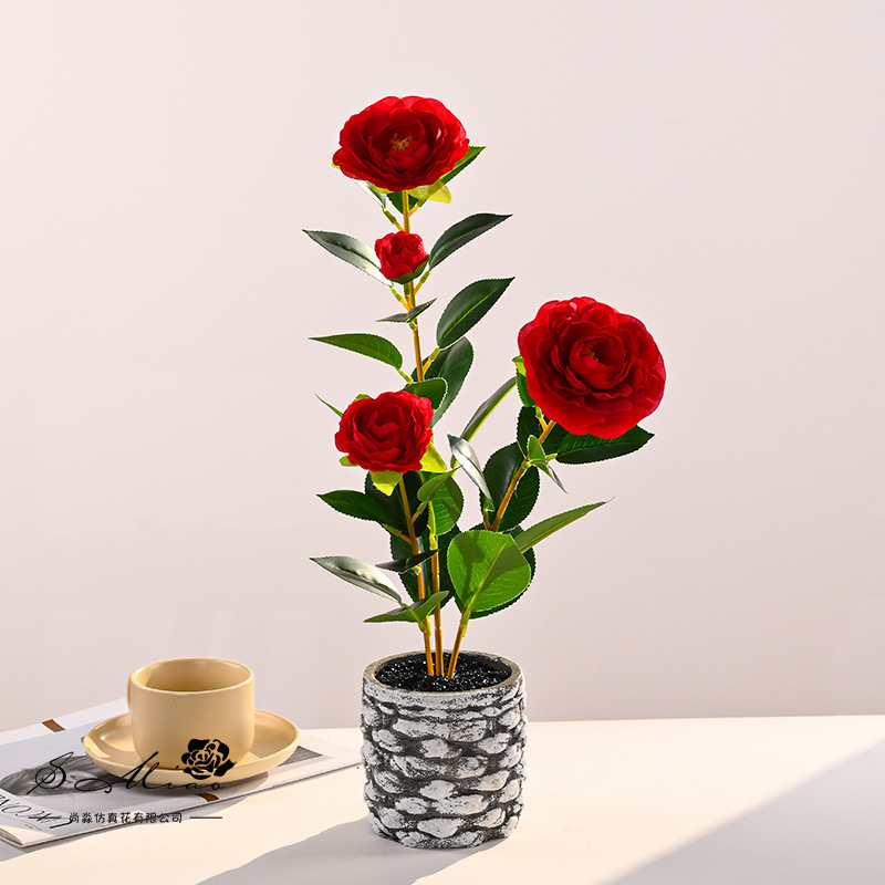 Plantas en maceta de camelia de cuatro cabezas transfronterizas, flores de simulación creativa, decoración de estudio fotográfico para el hogar, plantas verdes artificiales, simulación, macetas, falso image 10