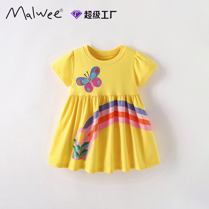 Malwee niñas vestido verano nuevo europeo y americano niños casual impreso manga corta cuello redondo vestido de princesa para niños