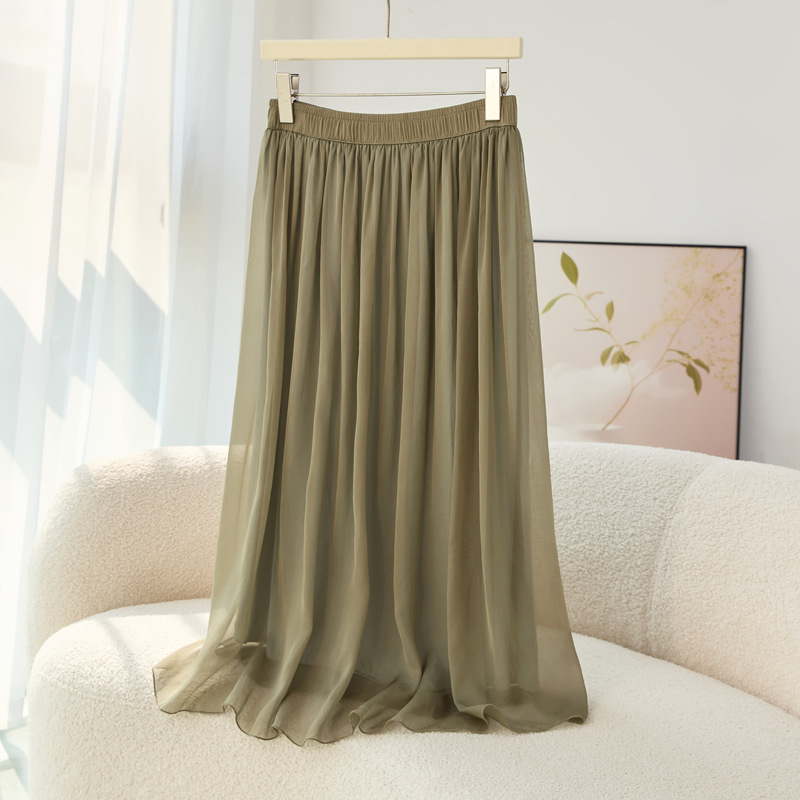 Women's silk midi skirt 2026 summer A-line slimming elastic waist large hem A-line mulberry silk skirt