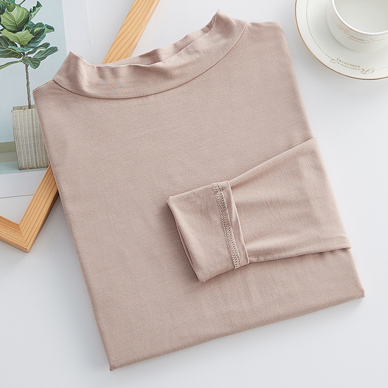 Modal medio cuello alto manga larga que basa la camisa para las mujeres otoño e invierno nuevo estilo coreano camiseta delgada suelta más tamaño superior image 13
