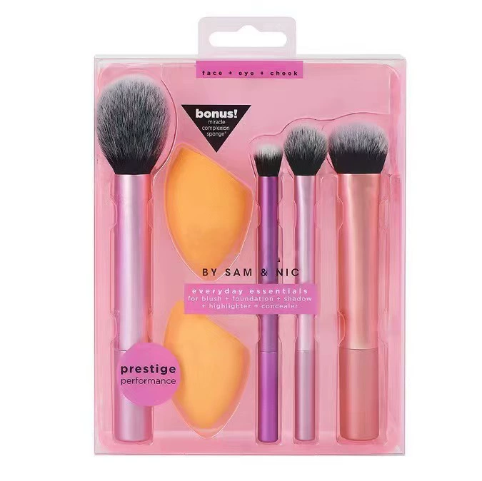 Makeup Brush and Sponge Set, 4 Brushes + Makeup Sponge, Face & Eye Essentials, Compact Case