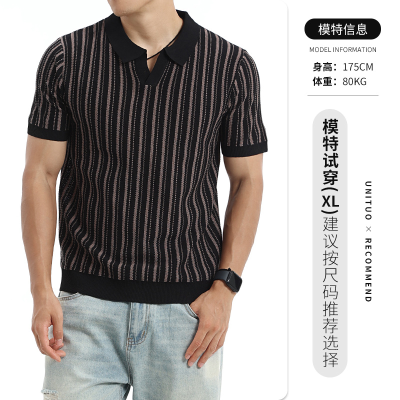 Vintage americano de punto hombre camisa de polo de hielo de manga corta con texturas verticales blindaje de cuello de verano casual hombre