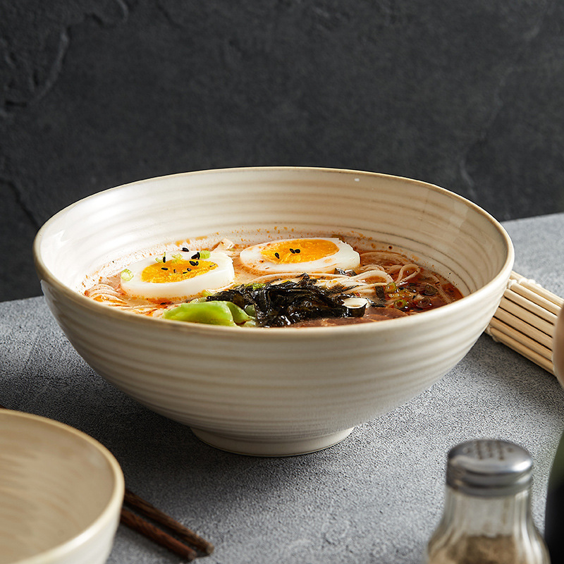 Japanese-Style Threaded Round Bowl for Home Use, High-End Feel, Large Soup Bowl, Light Luxury Style, High Aesthetic Value Tableware, Wholesale for Noodle Shops