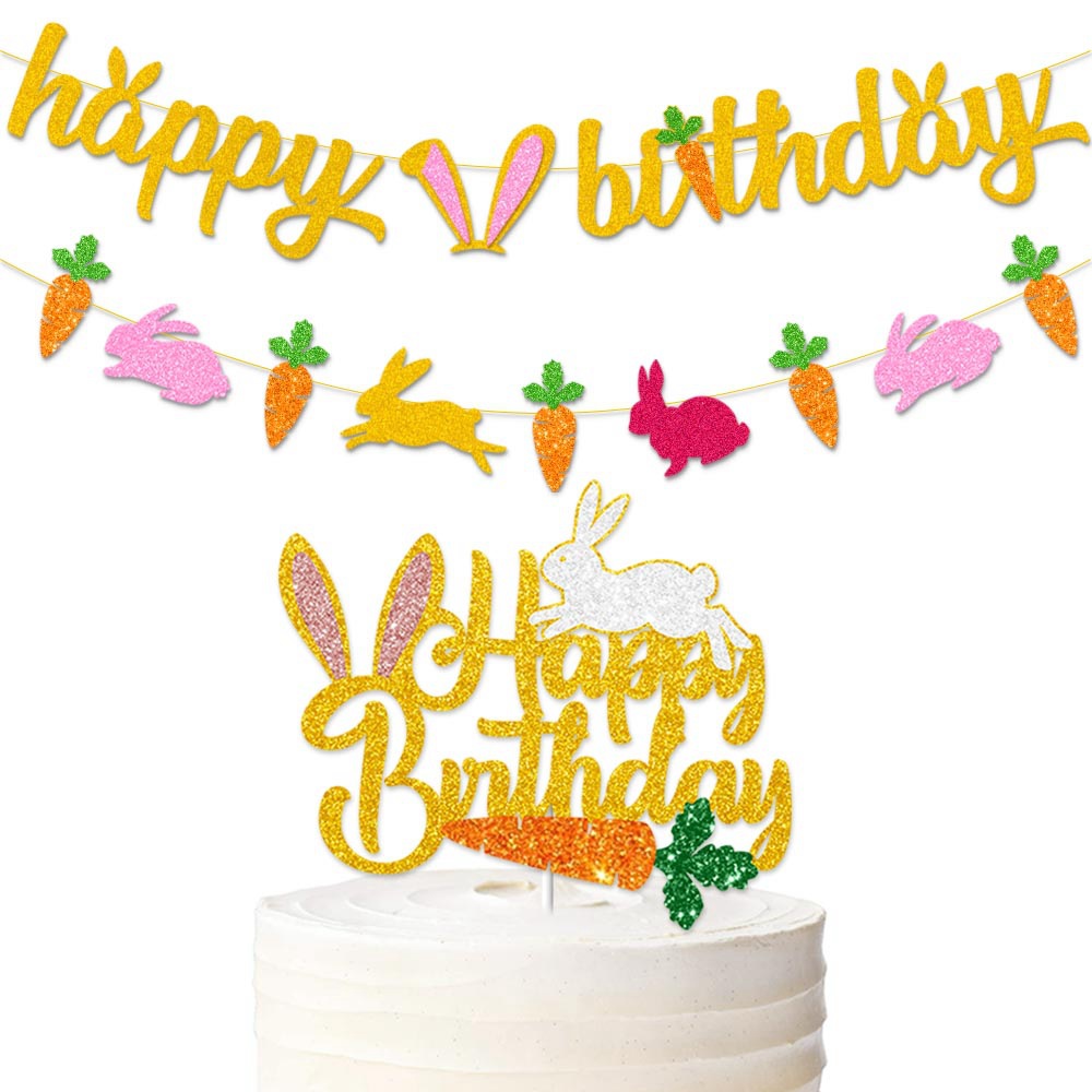 Fiesta de cumpleaños de Pascua decoración Garland Super Flash Feliz cumpleaños conejo tirar bandera tarjeta