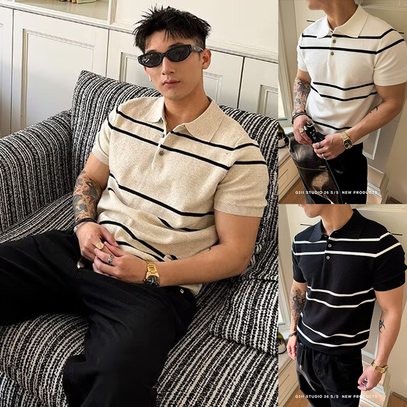 Camisas de polo de manga corta de estilo antiguo, camisetas de punto de hombre, camisetas de negocios de verano a rayas, fábrica al por mayor.