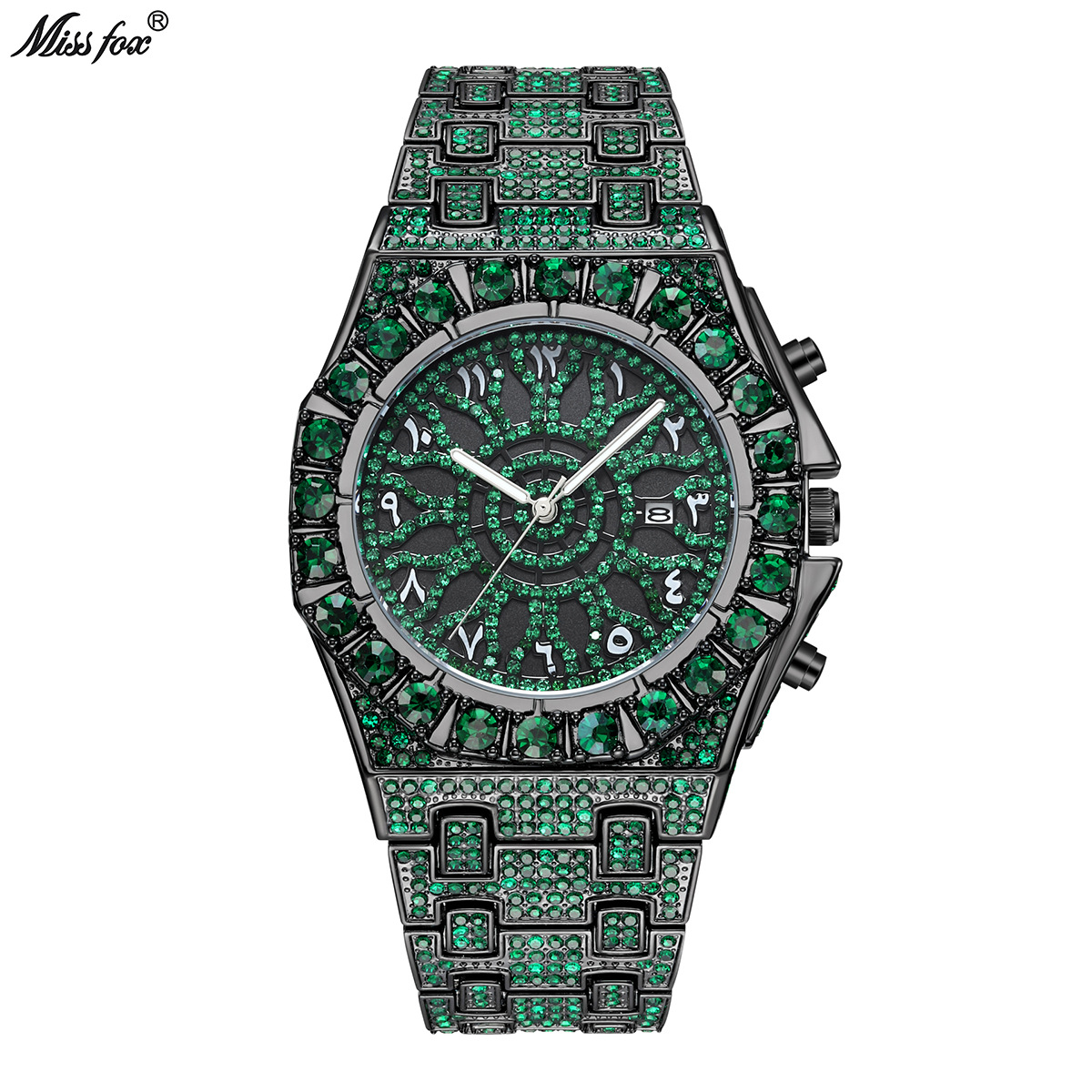 Missfox Watch European and American Hot-Selling Brand Trendyy Hip-Hop Style Niche Green Diamond Luminous Waterproof Men's Quartz Watch