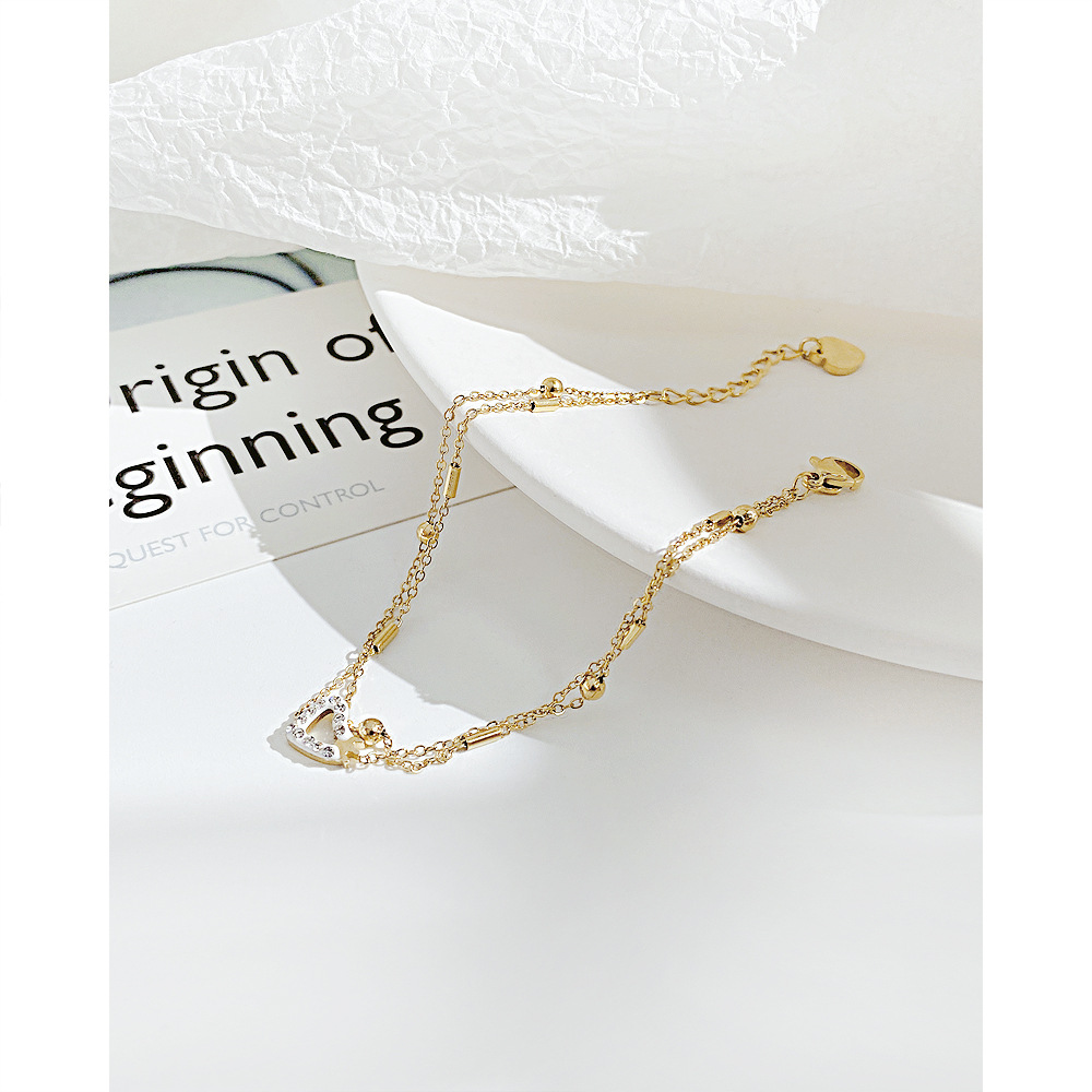OPK饰品港风时尚多层叠戴新品手饰简约百搭不锈钢锆石爱心手链女