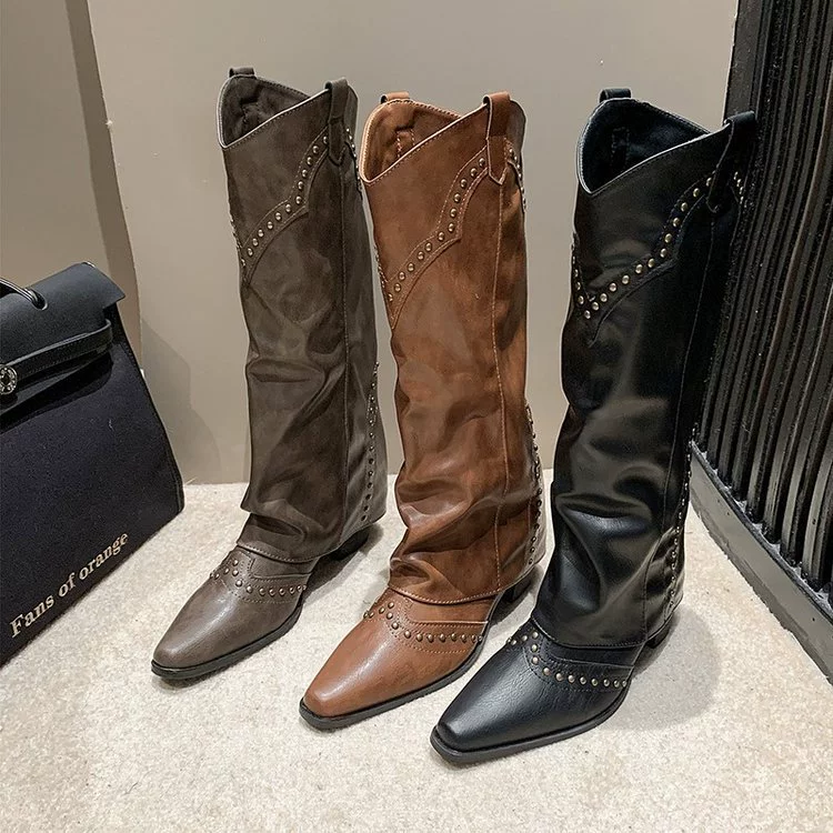Заклепочные брюки сапоги на каблуках 2023 новые европейские и американские толстые каблуки с заостренной длинной трубкой индивидуальность Западный ковбой рыцарь сапоги женщины