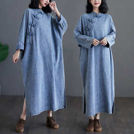 文艺复古盘扣牛仔连衣裙袍子民族中长款