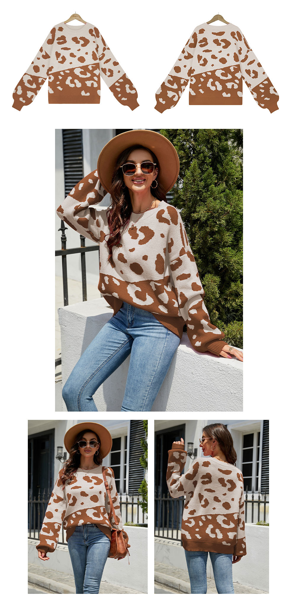 suéter de punto suelto con estampado de leopardo y manga larga con cuello redondo NSWJY137380