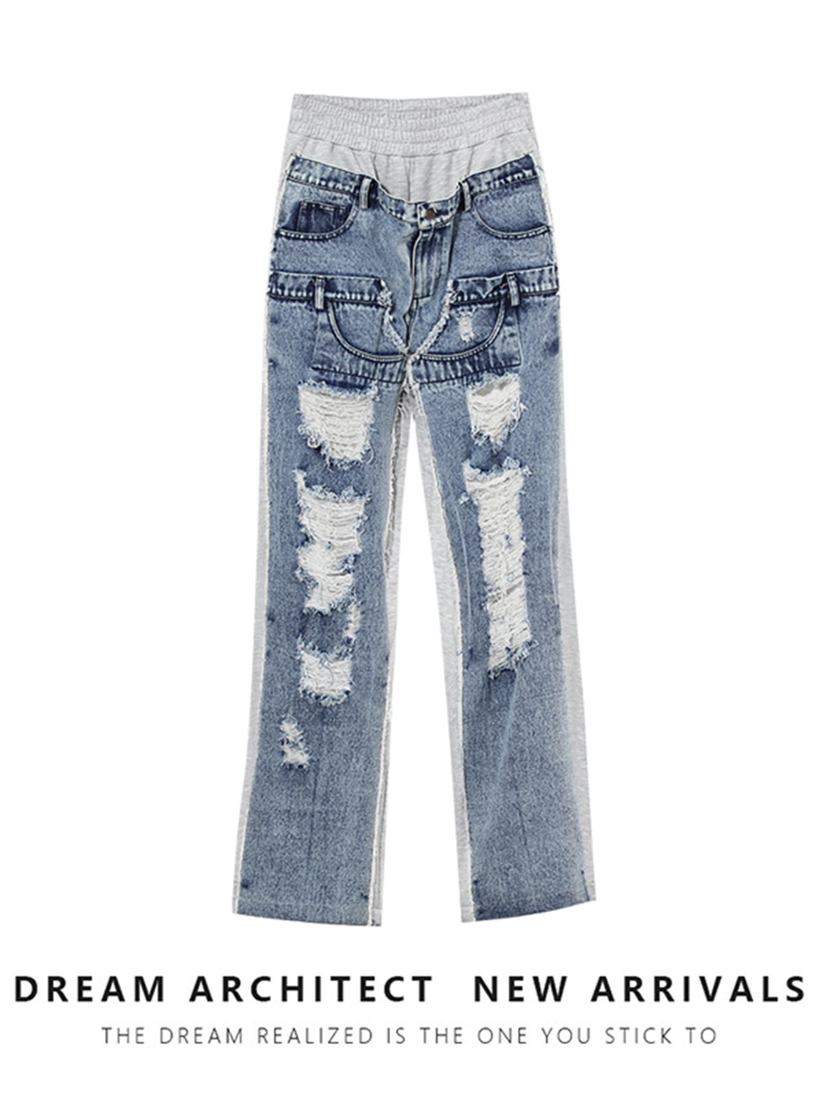 Women's Jeans High Waist Patchwork Straight Fit Denim Trousers_voghion.com