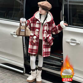 女童年服红色格子大衣冬季新款女大童加绒羊羔毛冬装加厚毛呢外套