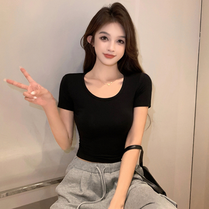 Black Modal Round Neck Short-Sleeved T-Shirt Women's Short 2024 Spring and Summer Ice Silk Tight-Fitting Navel-Baring High-Waisted U-Neck Top Trendy Black Modal Round Neck Short-Sleeved T-Shirt Women's Short 2024 Spring and Summer Ice Silk Tight-Fitting Navel-Baring High-Waisted U-Neck Top Trendy