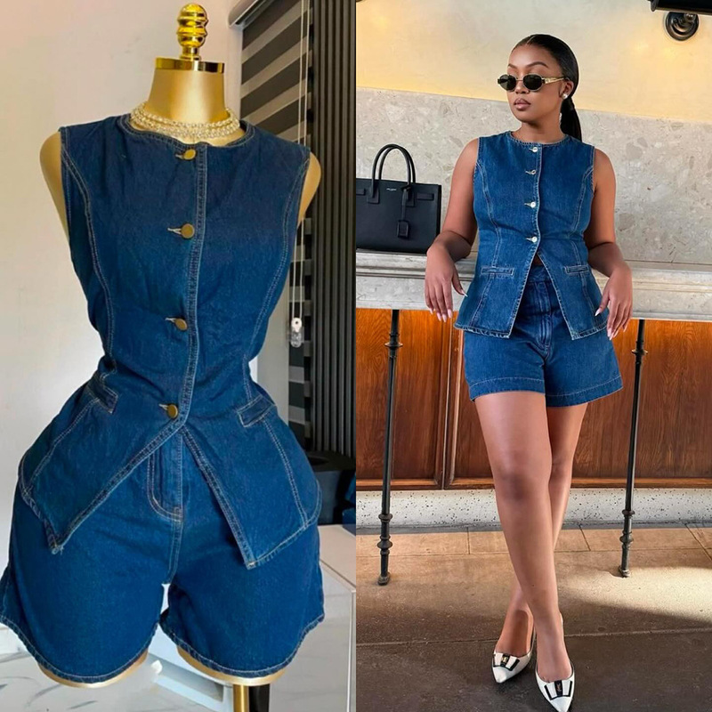 Cross-Border Timu Foreign Trade Hot-Selling European and American Trendy Denim Sleeveless Tops and Shorts Suits Ready-Made Wholesale Suits