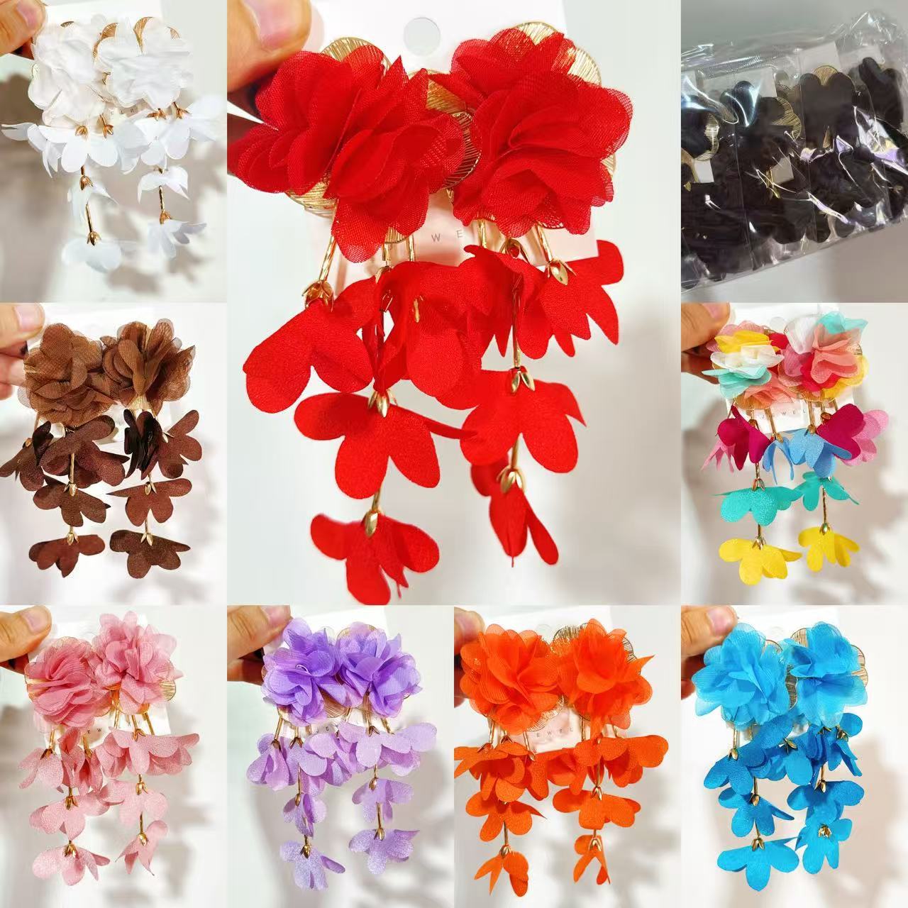 Original New Fabric Colorfulful Flower Tassel Earrings Exaggerated Red Flower Earrings Handmade Chiffon Earrings