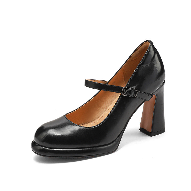 Giày cao gót nữ da bò mũi nhọn gót vuông 8,6 cm quai đơn Mary Jane — Da cừu màu đen