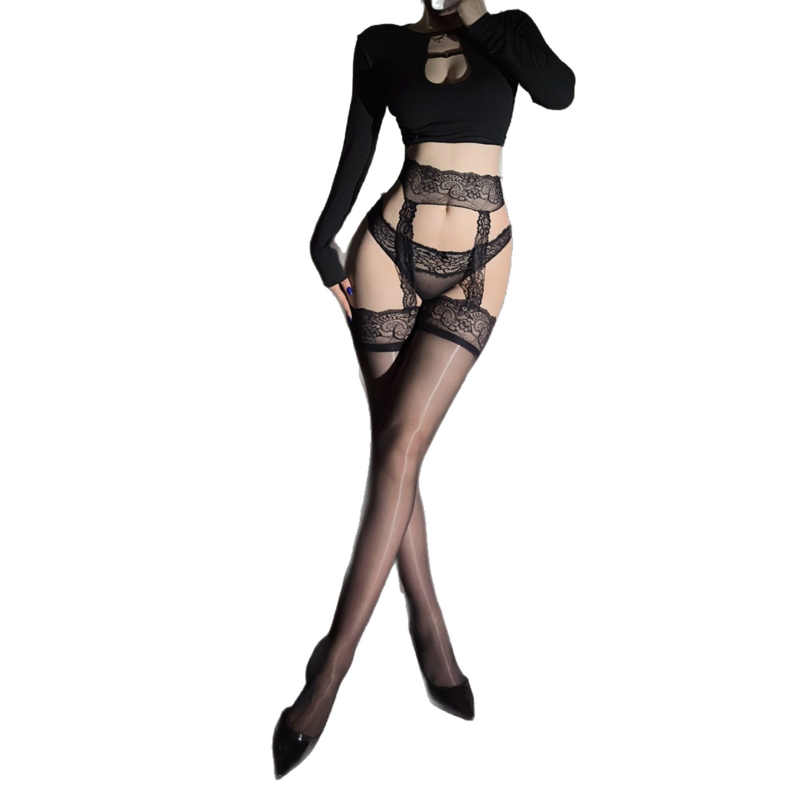 „Huajiaoying Sexy Stockings“ atviros „No-Take Off Sexy Lace Suspender Horse Oil Pure Desire White Silk Aurora Hollow S0026“