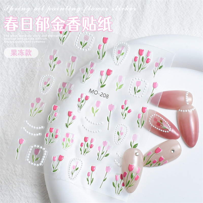 Pegatinas de uñas en relieve de tulipán de primavera de gelatina, pequeñas flores frescas, pegatinas de uñas 5D con pegamento trasero