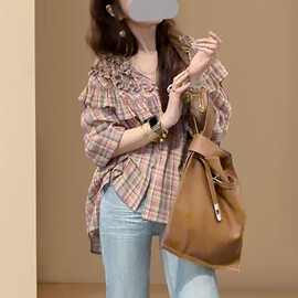 轻奢感洋气减龄多巴胺简约荷叶边格纹衬衫上衣女2025夏季新款