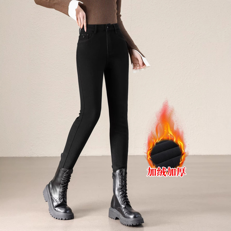 Black Denim Skinny Pants for Women, 2025 Winter New Style, Fleece-Lined, Thickened, High-Waisted, Slim Fit, Flattering, Paired with Boots, Pencil Pants