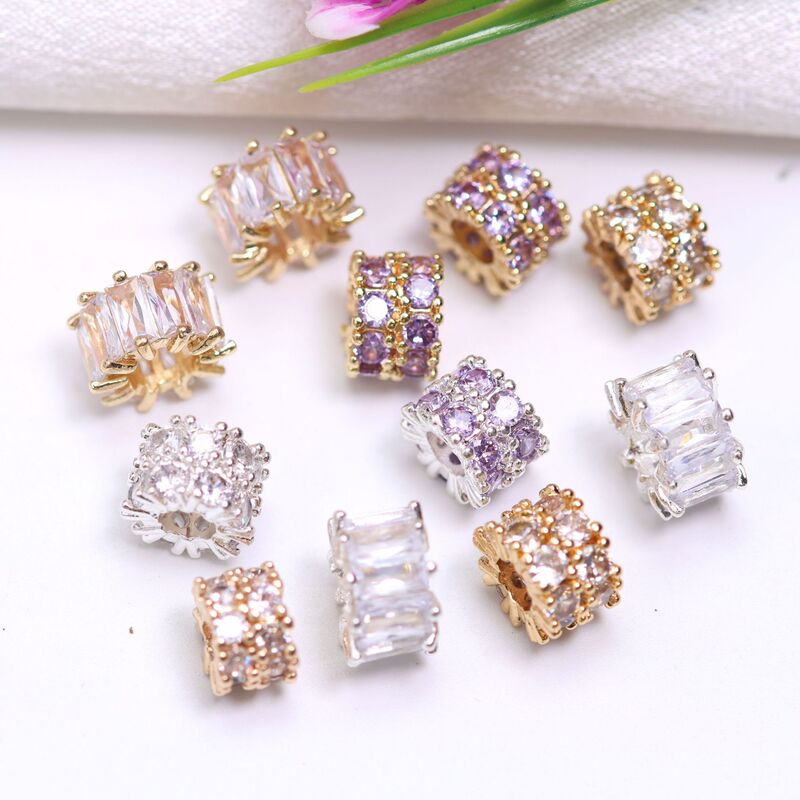 Copper plated 18K gold color inlaid zircon double gold bully spacer large hole beads barrel beads wheel beaded bracelet accessories