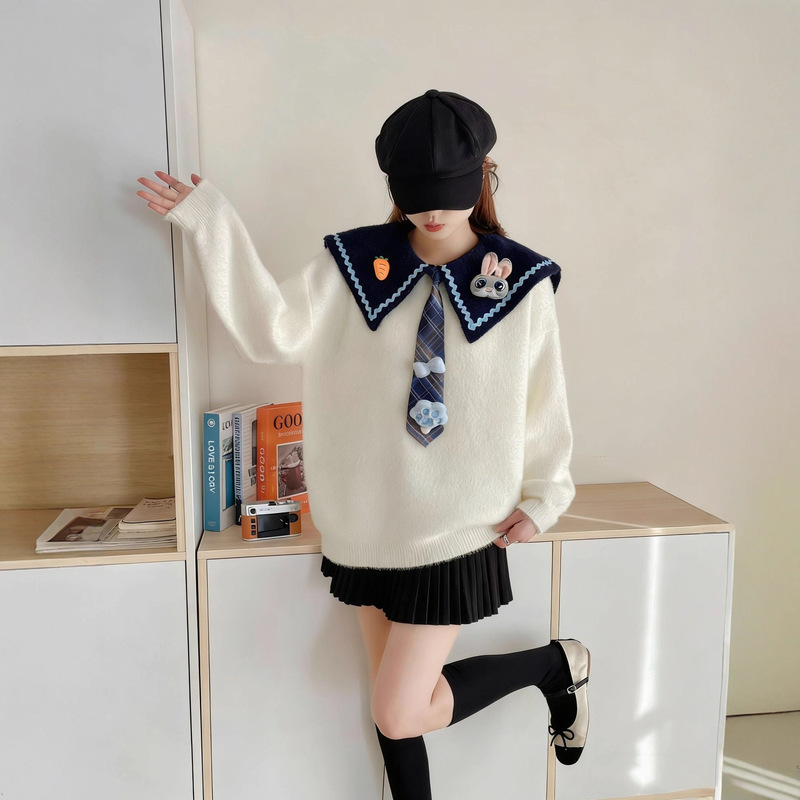 Navy Collar College Style Cute and Sweet Sweater Pullover for Women Winter 2025 New Loose and Lazy Age-Reducing Sweater