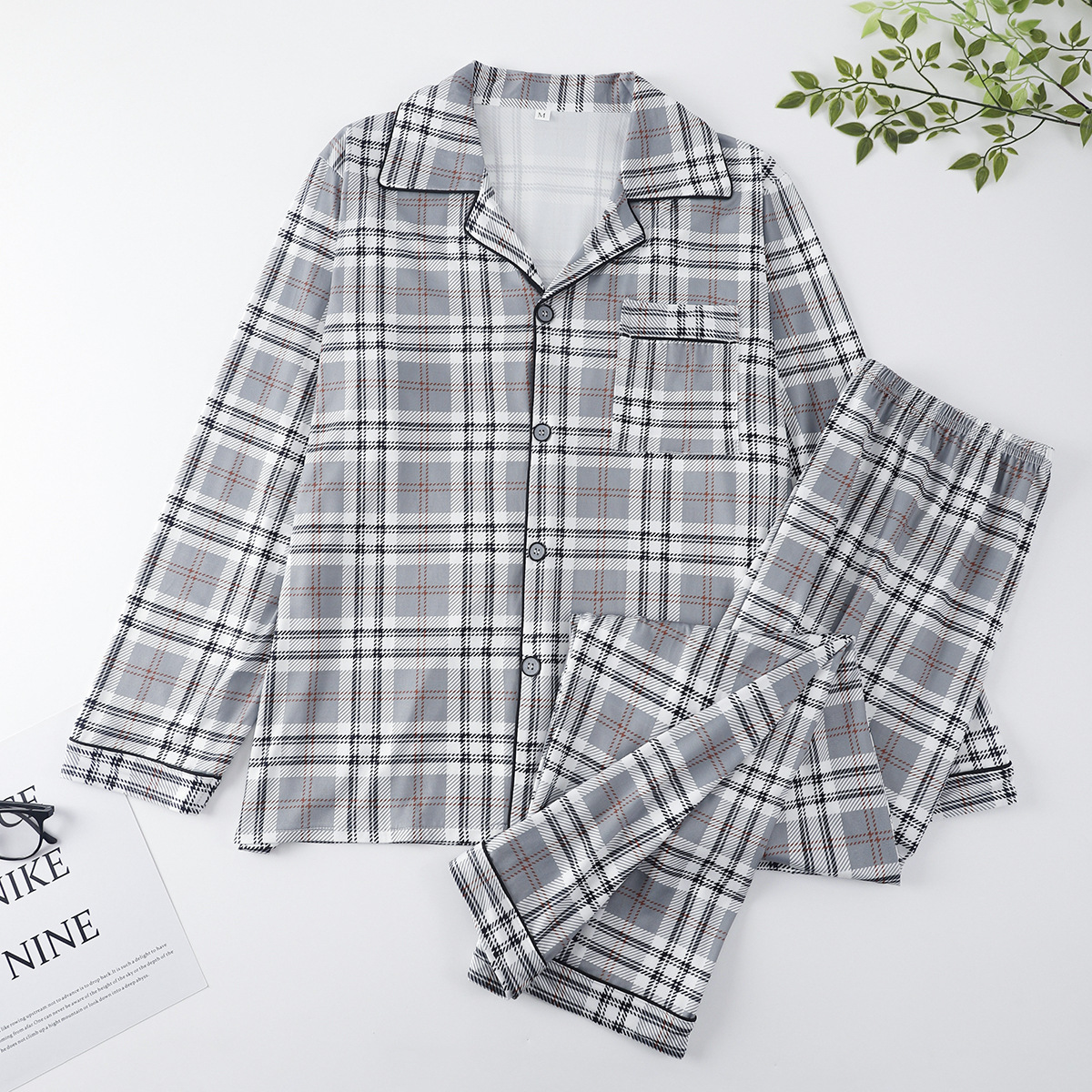 Men's Pajamas, Autumn Style, Milk Silk Long-Sleeved Long Pants, Large Plaid Cardigan, Thin Home Wear, Plus Size Pajamas