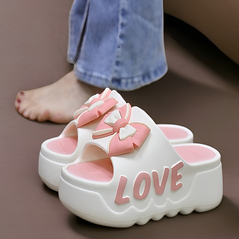 Thick-Soled Slippers for Women, Summer High-Heeled Indoor Home Fashion Bow-Knot Versatile Sandals and Slippers for Summer, Increased Height, Non-Slip Outer Wear