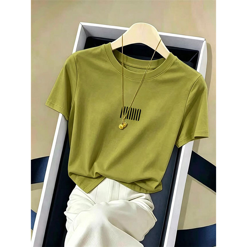 Pure Cotton Round Neck Short-Sleeve T-Shirt for Women, Green, Super Youthful and Fashionable Base Shirt, Top, 2026 Summer Trendy Style