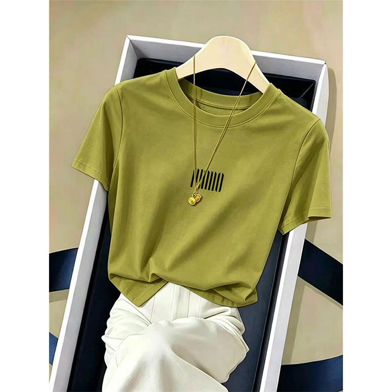 Pure Cotton Round Neck Short-Sleeve T-Shirt for Women, Green, Super Youthful and Fashionable Base Shirt, Top, 2026 Summer Trendy Style Pure Cotton Round Neck Short-Sleeve T-Shirt for Women, Green, Super Youthful and Fashionable Base Shirt, Top, 2026 Summer Trendy Style