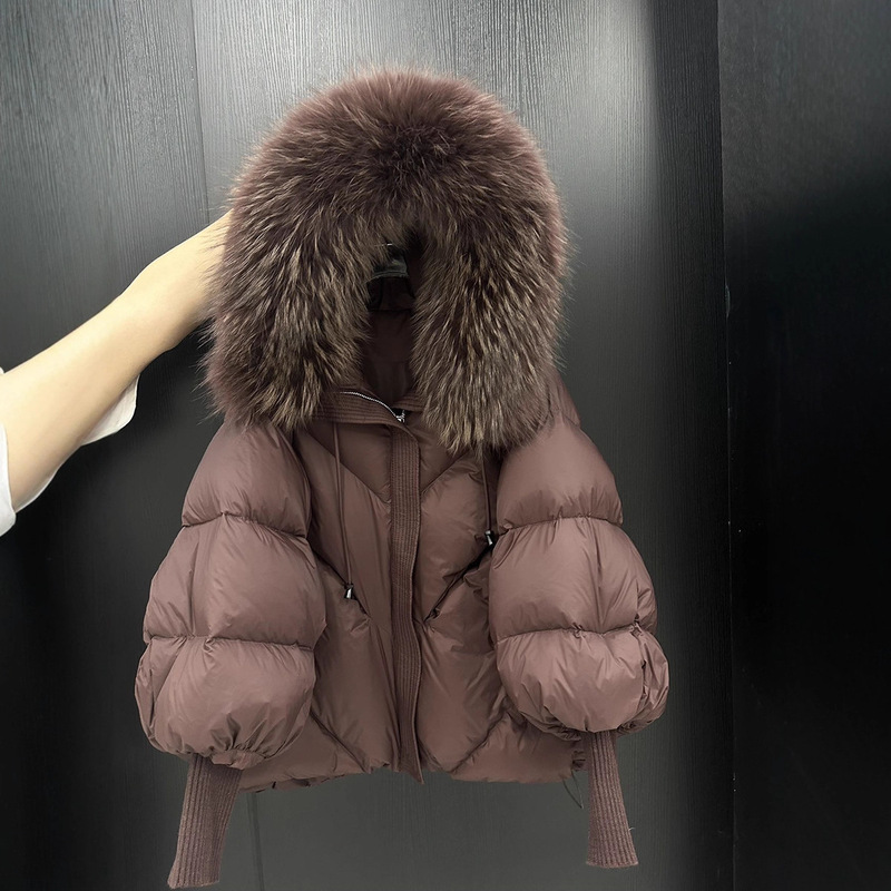 Women's New Winter Hooded Large Fur Collar Loose Short White Duck down Jacket Women's High-End Fur Jacket Women