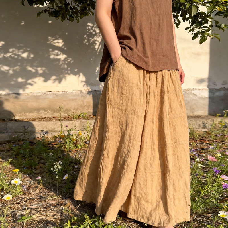 Shanqianyiyi Pure Linen Loose Casual Artistic Retro Elastic Waist Slimming Flared Skirt Shanqianyiyi Pure Linen Loose Casual Artistic Retro Elastic Waist Slimming Flared Skirt