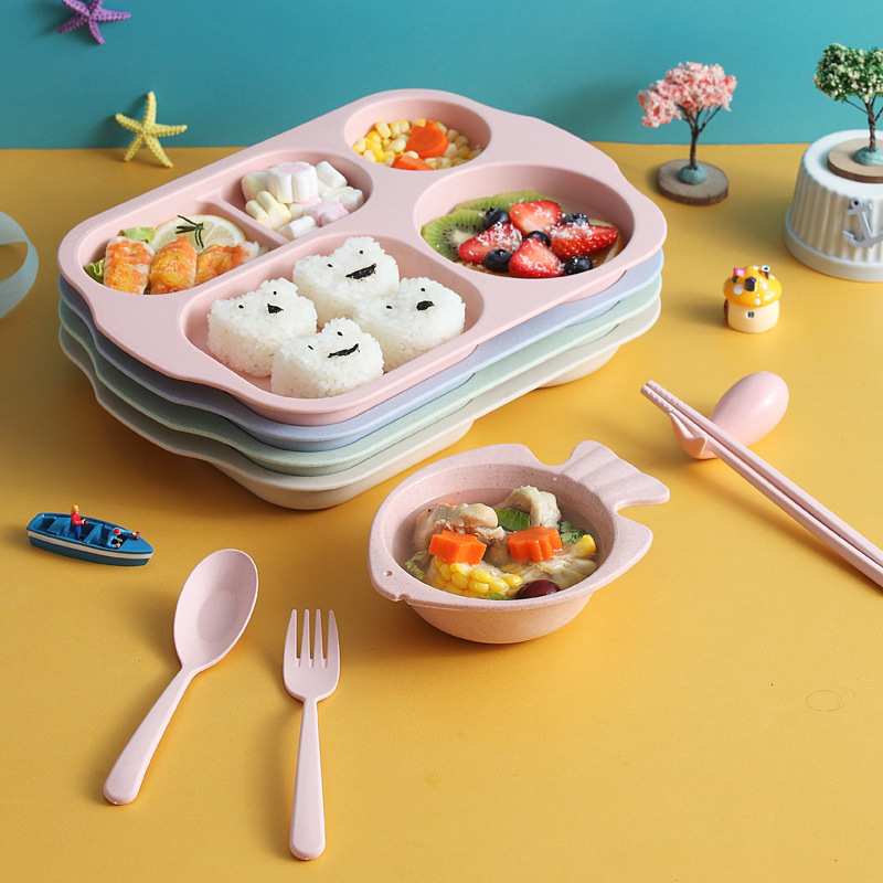 Children's wheat straw boys and girls compartment plate suit household drop-resistant canteen complementary food with spoon Fork lunch plate