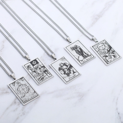 Taro Card Necklace Set of 22 - Vintage Rectangle Pendant Cable Chain Necklace - Titanium Steel