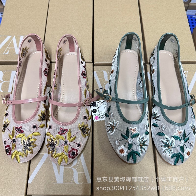 Za Spanish Round-Toe Mesh Green Floral Embroidered Mesh Fabric Ballet Flats Women's Shoes European and American Style