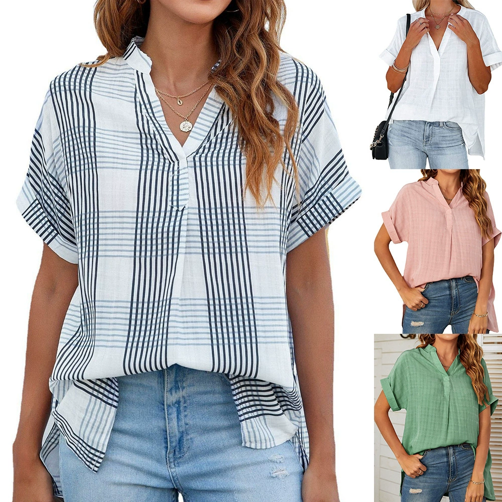 Трансграничная Европа и США 2023 летняя новая женская тонкая свободная клетчатая рубашка Amazon с V-образным вырезом и короткими рукавами