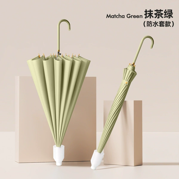 Matcha green belt waterproof cover-16 bone skin curved handle-fiber wind-resistant umbrella bone