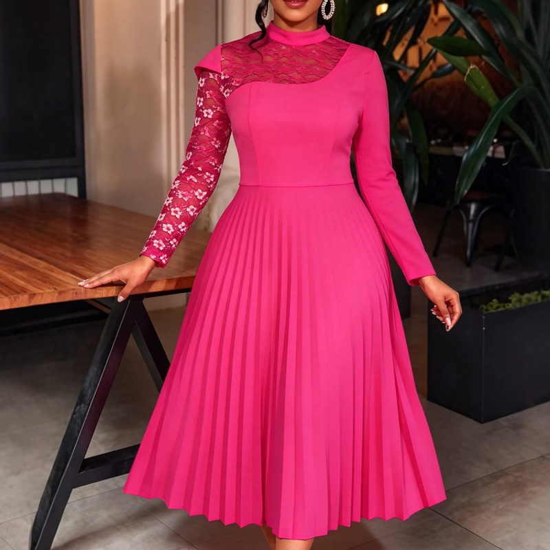 Cross-Border Elegant Lace Splicing Half Turtleneck Long-Sleeved Dress Waist Pleated A-Hem Party Evening Dress Dress Cross-Border Elegant Lace Splicing Half Turtleneck Long-Sleeved Dress Waist Pleated A-Hem Party Evening Dress Dress
