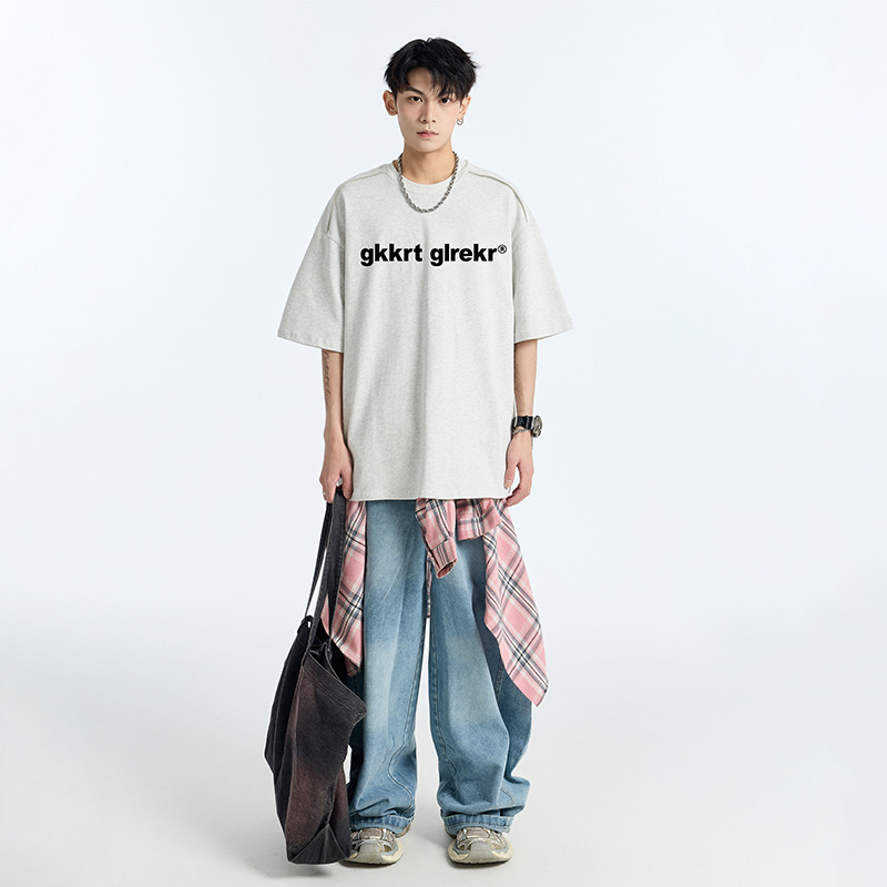 厚手の立体プリント純綿半袖Tシャツ メンズ トレンドブランド ゆったり 夏 薄手 カジュアル 五分袖トップス|undefined