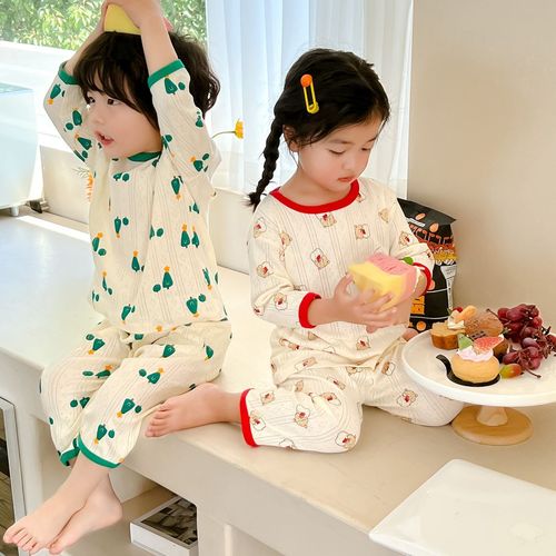 Children's pajamas summer boys and girls mid-sleeves mid-pants pure cotton breathing home clothes set ins baby air-conditioned clothes category A