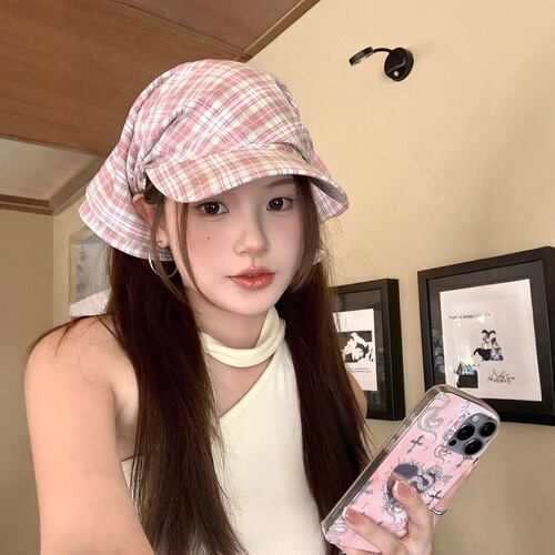 Korean niche pink plaid triangle scarf headband women summer headscarf baseball cap sweet sun protection hat