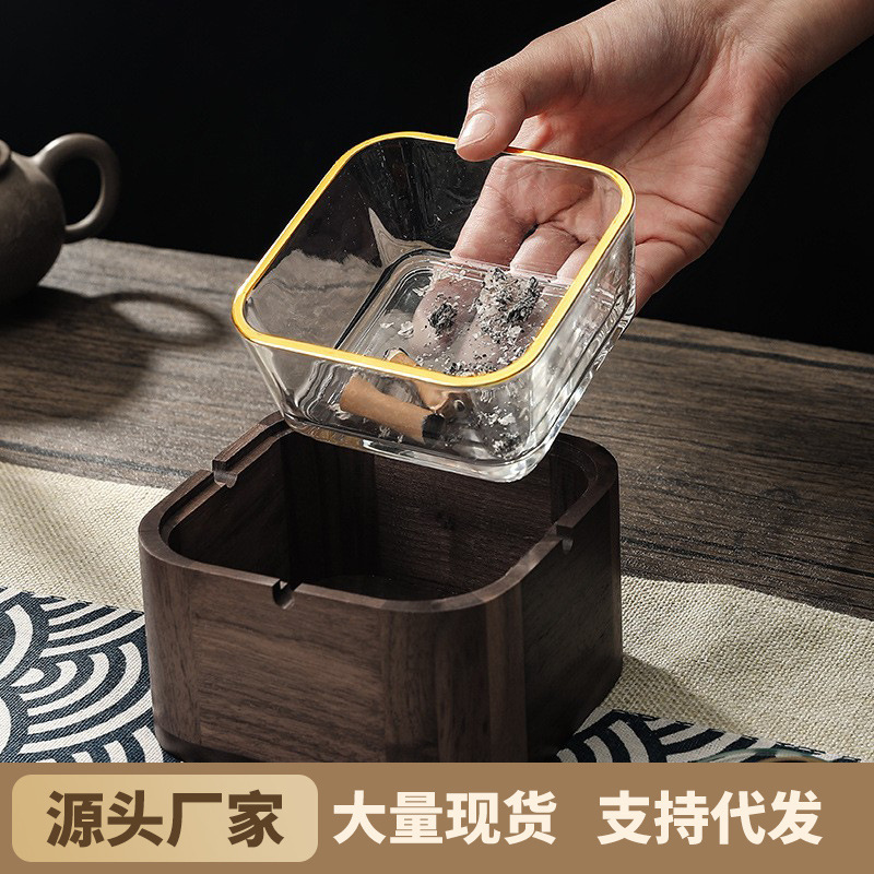 新中国式創意軽豪華胡桃木実木灰皿家庭用リビングルーム四角いオフィスカバー付き飛灰防止|undefined