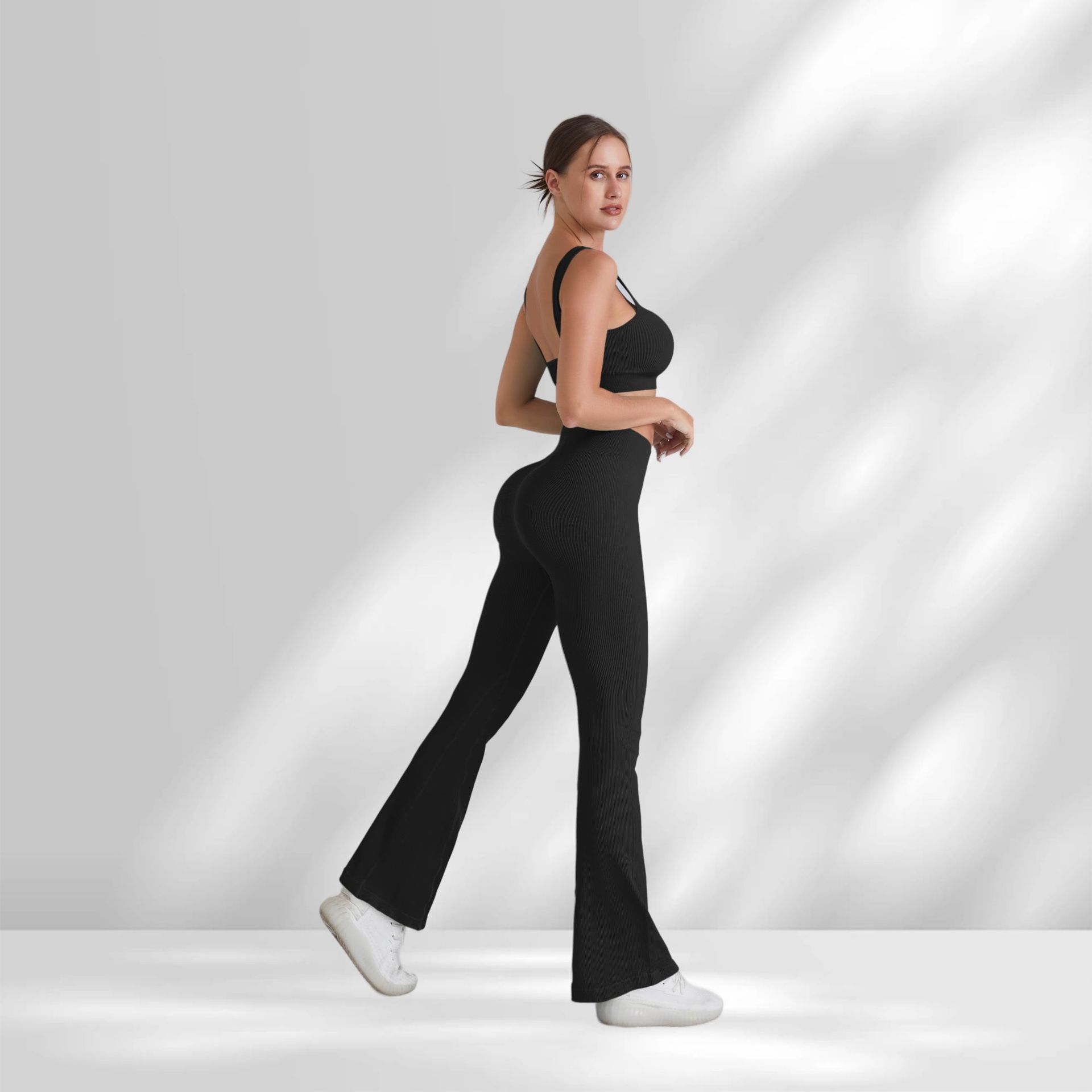 Ropa de yoga sin costuras europea y americana para deportes de mujer, chaleco envolvente de burbujas para correr, cintura alta, levantamiento de cadera, pantalones acampanados, pantalones de fitness