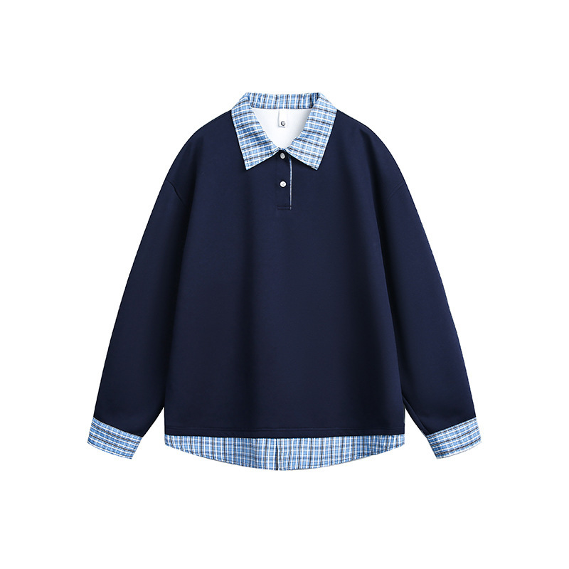 衣品家藏蓝格纹假两件拼接polo长袖卫衣cleanfit休闲青少年上衣男|undefined