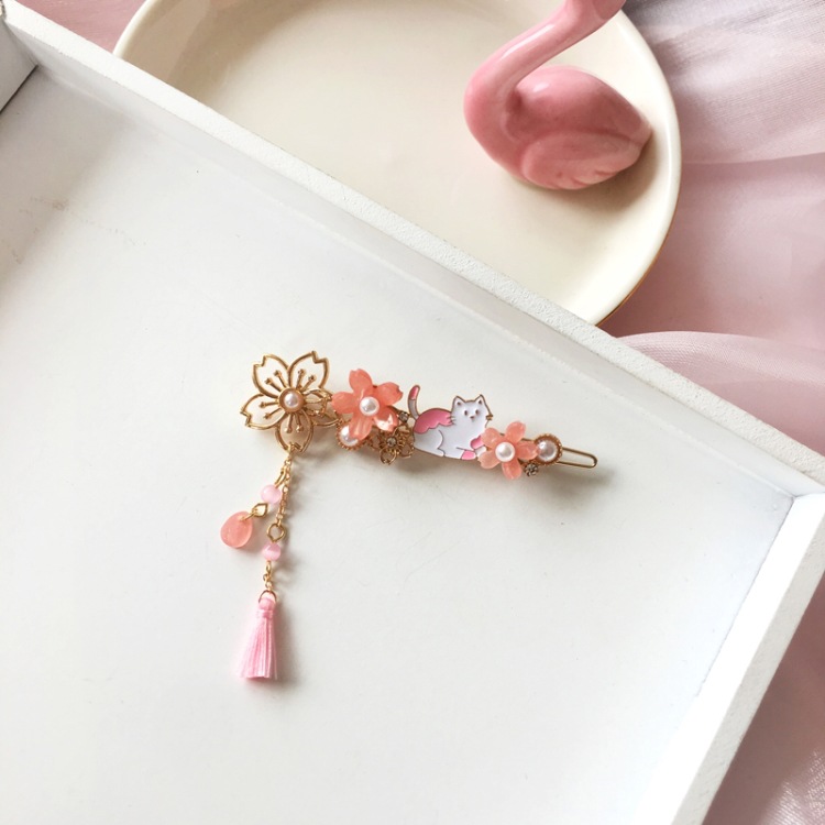 Fashion Pink Flower Tassel Kitty Hairpin display picture 5