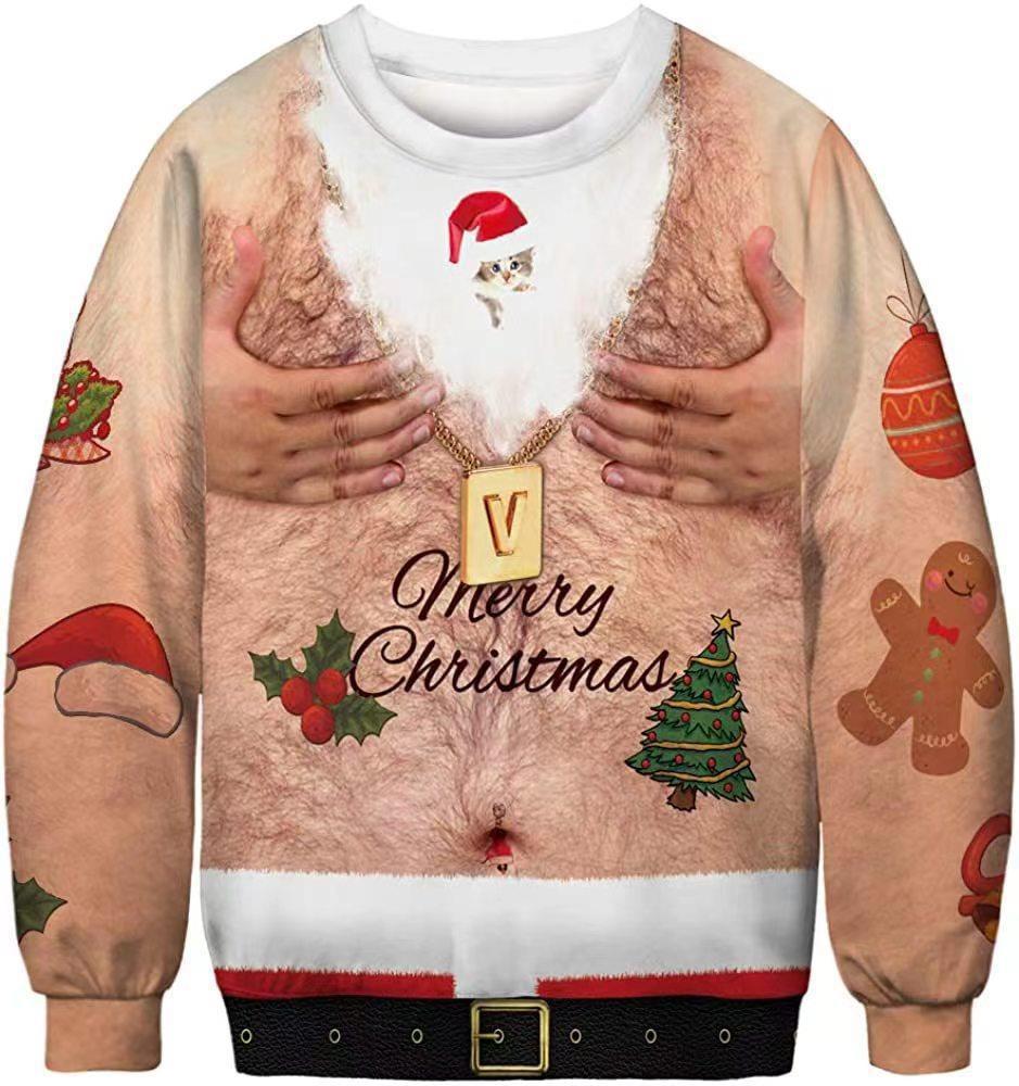 jongen Europees en Amerikaans grensoverschrijdend onafhankelijk station Kerstmis 3D digitale print borst haar grappig patroon ronde hals_voghion.com