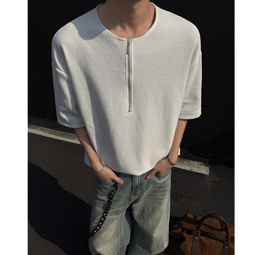 Waffle half-zipper t-shirt, men's short-sleeved, summer fashionable, handsome men's summer style, American Henry's shirt, half-sleeve, T-shirt.