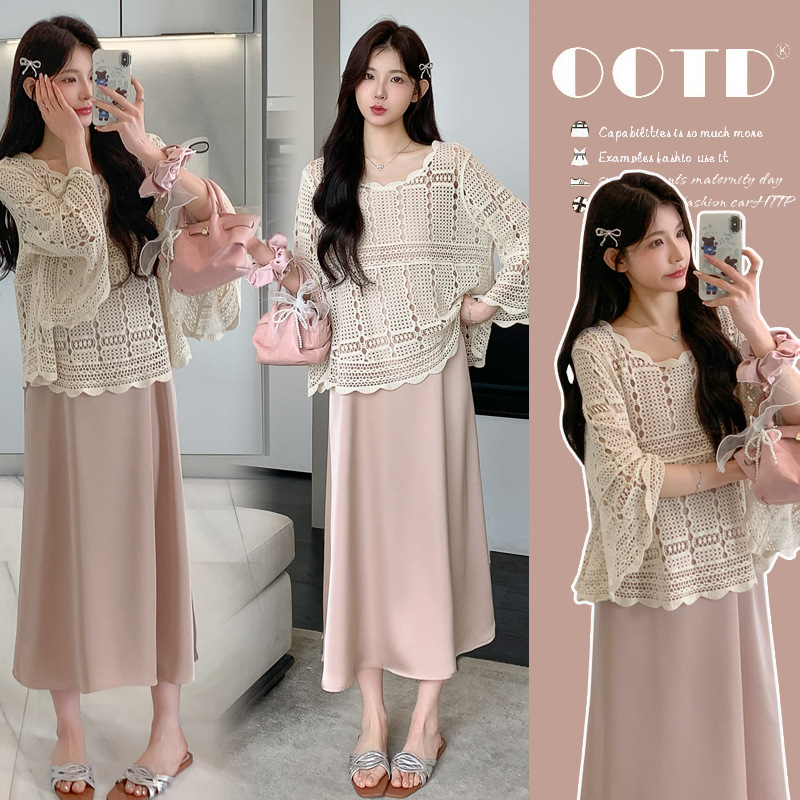 High-End Maternity Summer Dress, Fashionable and Sweet Satin Suspender Skirt, Age-Reducing Wear, Sun Protection Blouse Two-Piece Set