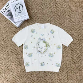 南油高版本26早春新款女装字母万针重工刺绣短袖圆领套头百搭毛衣