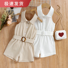 宝薪欧美童装外贸女小童夏天挂脖双绉棉布含腰带露背连体短裤现货